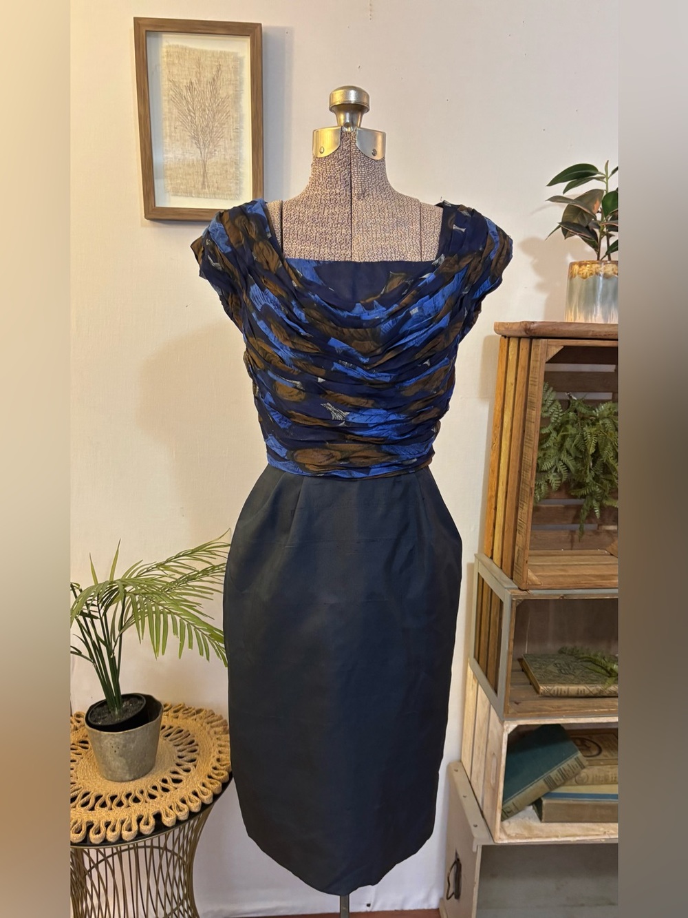 Vintage Cocktail Dress XS/S Cobalt Blue Silk Blend Ruche Pencil Bottom Formal